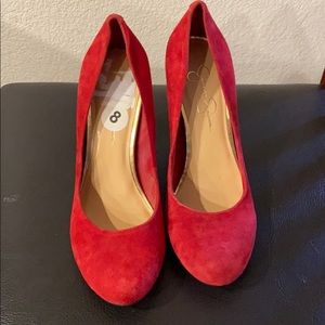Red suede heels, never worn